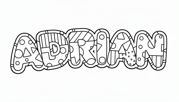 A decorative coloring page featuring the name ADRIAN in bold connected bubble letters with geometric patterns.