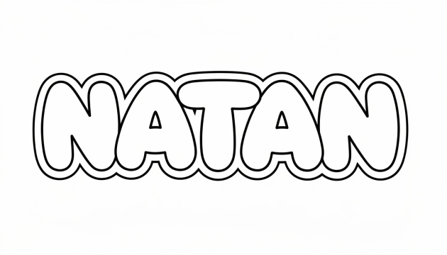 En boblebogstavsfarveside med navnet NATAN med forbundne bogstaver og dobbelt konturdesign perfekt til personlig farvning.