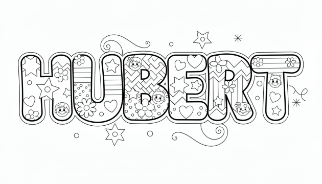 A decorative coloring page featuring the name HUBERT in playful bubble letters with stars, hearts, and flowers.