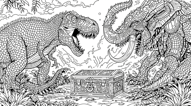 En episk forhistorisk kampsideopptagelse med dinosaurer som kjemper om en utsmykket skattekiste med intrikate detaljer.