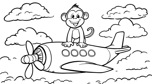 A cheerful cartoon monkey sits on a propeller airplane flying through cloudy skies in this beginner-friendly coloring page.