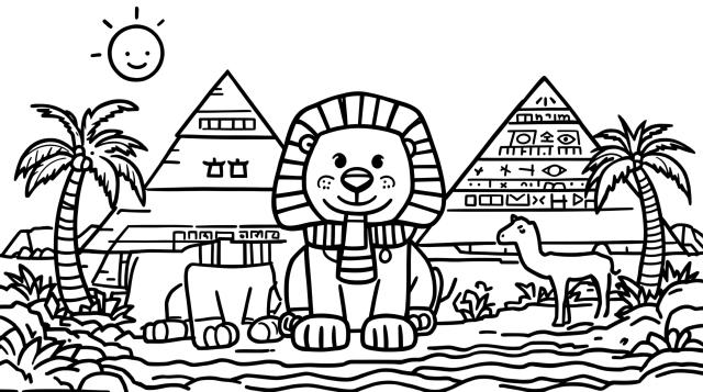 古代エジプト塗り絵 - スフィンクス、ピラミッド、ナイル川の風景（初心者向け）