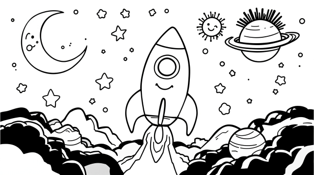 初心者向け宇宙ロケットの塗り絵 - 笑顔のロケット、惑星、星、雲が描かれた楽しいデザイン