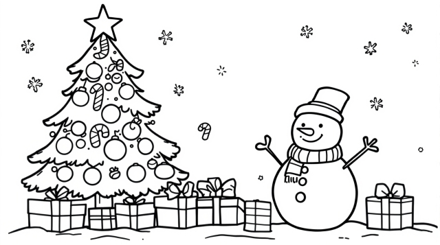 A delightful Christmas coloring page featuring a decorated tree, cheerful snowman, and wrapped presents for beginner artists.