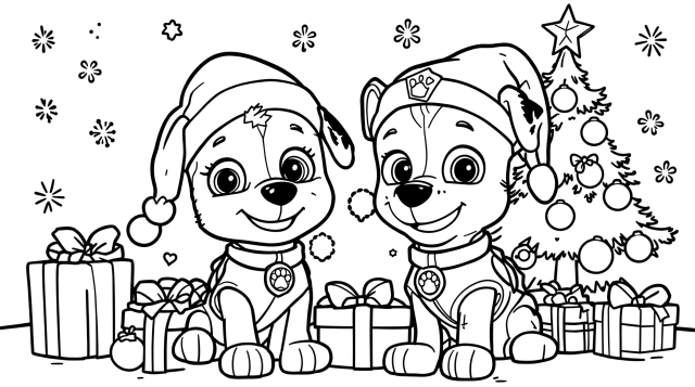 Coloriage de Noël Paw Patrol avec deux chiots adorables portant des bonnets de Père Noël près d'un sapin de Noël décoré.