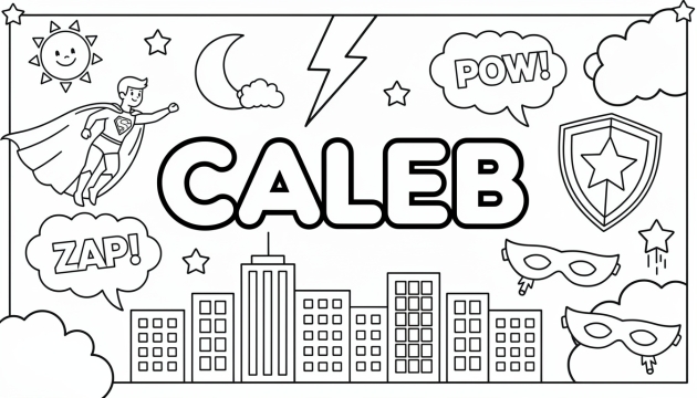 En superhjälte-målarbok med namnet CALEB i stora bubbelstilsbokstäver med flygande hjälte, masker, sköldar och stadsskyline.