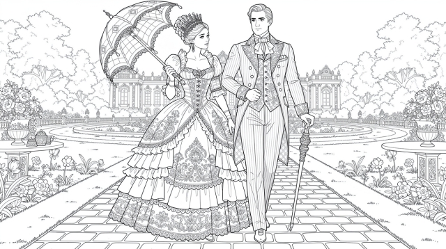 A ducal couple strolls arm-in-arm through a symmetrical palace garden in Victorian finery.