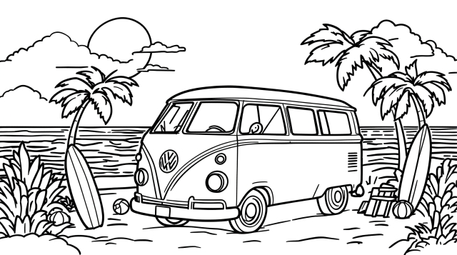ビーチで楽しむクラシックなフォルクスワーゲン・キャンピングカーの塗り絵 - ヴィンテージVWバス、ヤシの木、波のある海辺の風景