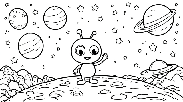クレーターのある惑星で手を振るかわいいエイリアンと星や惑星が描かれた宇宙の塗り絵