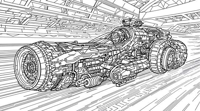 A detailed futuristic pod racing vehicle coloring page featuring intricate mechanical components and wheel structures.