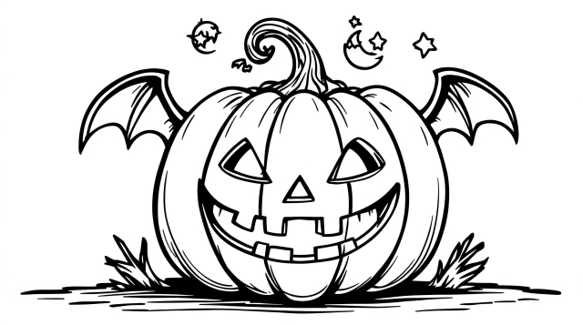 コウモリの翼が付いた不気味なハロウィンかぼちゃの塗り絵 - ジャック・オー・ランタンと装飾模様