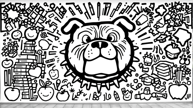 Uma página para colorir de mascote bulldog inspirada em Keith Haring com elementos escolares densamente dispostos e padrões de fundo detalhados.