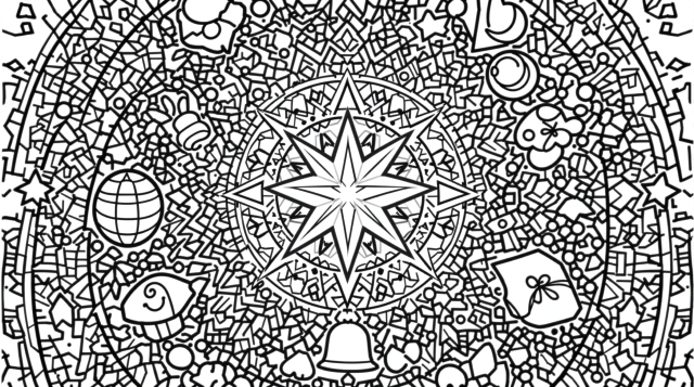 An intricate magical dream mandala coloring page featuring world exploration themes and detailed geometric patterns.