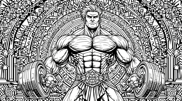 En detaljeret muskuløs bodybuilder farvelægningsside med indviklede anatomiske detaljer og udsmykkede mandala-baggrundsmønstre.