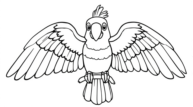 En realistisk kakadua färgläggningssida med utbredda vingar i flygposition och detaljerade fjädermönster.
