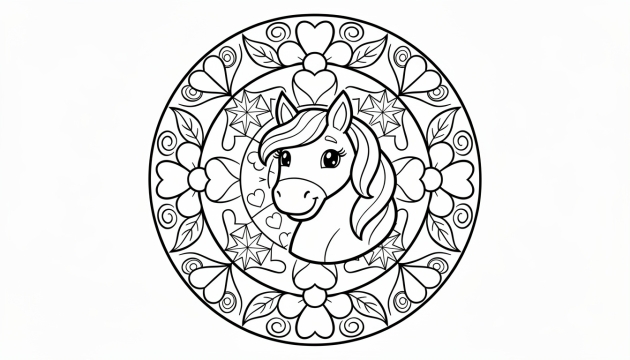 A unicorn mandala coloring page features a friendly unicorn head surrounded by hearts, stars, and flowers in symmetrical patterns.
