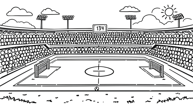 グラウンドレベルから見た精緻なサッカースタジアムの塗り絵 - フィールド要素と観客席の詳細なデザイン