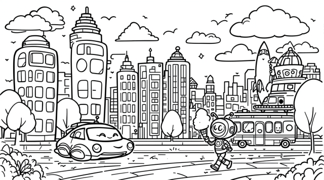 En lunefuld futuristisk by farveside med venlige bygninger og køretøjer med humoristiske detaljer.