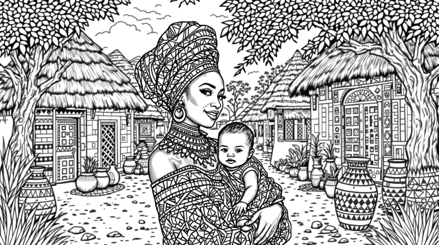 アフリカの母子と伝統的な村を描いた精密な塗り絵 - 幾何学模様と文化的モチーフが特徴の大人向けぬりえ