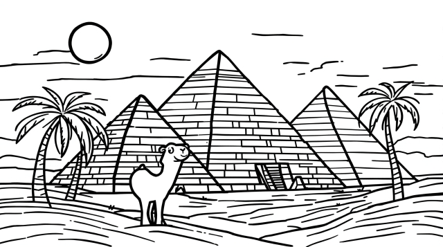 初心者向け古代エジプトのピラミッド塗り絵 - 3つの幾何学的ピラミッド、かわいいラクダ、砂漠の風景