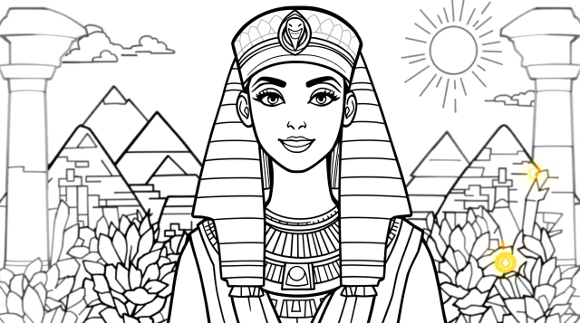 En detaljerad Cleopatra målarbok som visar den egyptiska drottningen med utsmyckad huvudbonad och arkitektoniska element.
