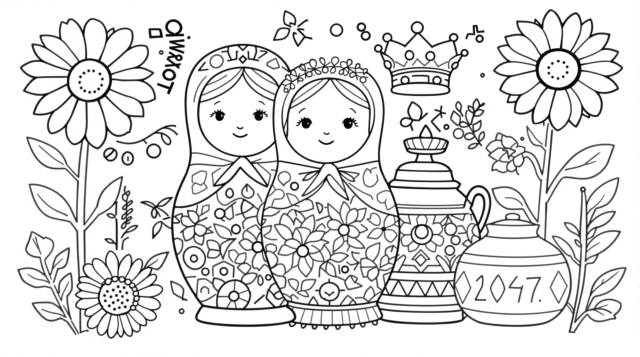 ロシア伝統文化のマトリョーシカ塗り絵 - 精巧な花柄模様と民芸デザインの大人向けぬりえ