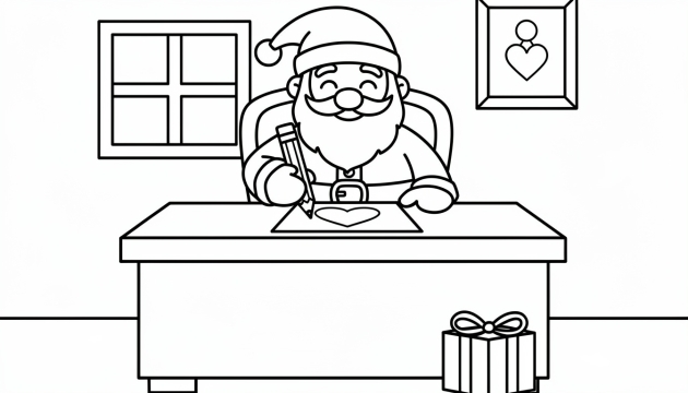 Santa Claus drawing a cookie on paper at his workshop desk with festive decorations