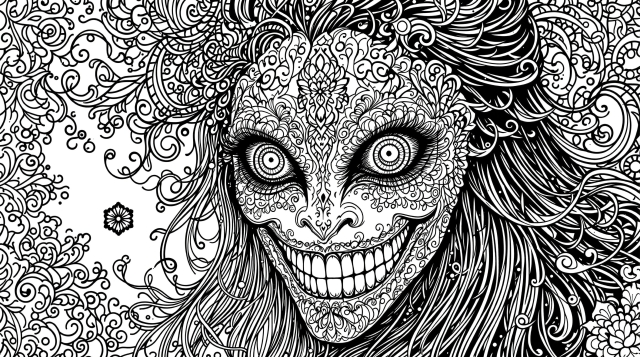 モモチャレンジマスクの大人の塗り絵 - 複雑なマンダラ模様と華麗な装飾が施された顔と髪のデザイン
