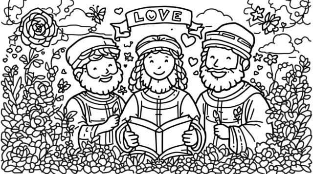 En sjarmerende fargeleggingsside med tre skjeggete poeter inspirert av Dolce Stil Novo-tradisjonen i en romantisk hagekulisse.