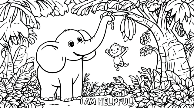 En venlig tegneserie-elefant hjælper en glad abe med at nå bananer i en frodig jungle farveside.