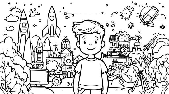 未来都市と最新テクノロジーを描いた希望に満ちた学生の塗り絵