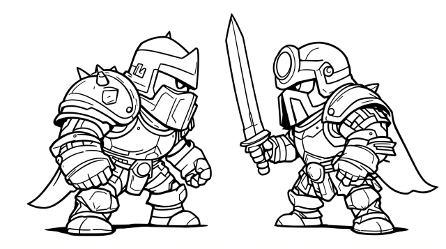 En episk färgläggningssida med Mega Knight och Mini P.E.K.K.A från Clash Royale i stridställning.