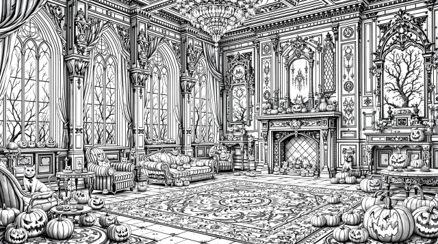 豪華なヴィクトリア朝ゴシック様式の邸宅で繰り広げられるハロウィンパーティー 大人の塗り絵 精緻な建築ディテールとホラー装飾