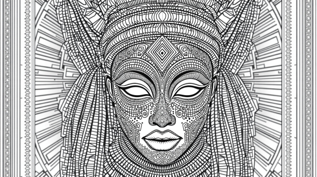 En invecklad afrikansk kvinnlig mask målarbok med utarbetade geometriska mönster och ceremoniella huvudbonadsdetaljer.