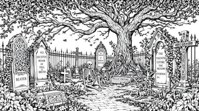 精巧なゴシック墓地の塗り絵 - 華麗な墓石と豊かな植物に囲まれた詳細な骸骨のデザイン