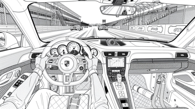 Racing from behind the wheel of a Porsche 911 GT3 at full speed on the track.