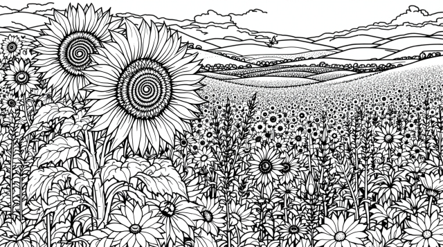 En intrikat solrosfält-färgläggningssida med detaljerade vilda blommor och vidsträckta landskapsvyer.