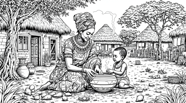 アフリカの女性と子供が伝統的な村でタピオカ粉を作る様子を描いた文化的な塗り絵