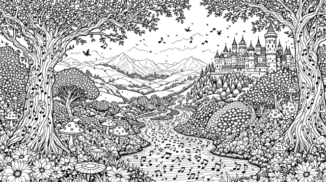 En fortryllende eventyrlandskab farvesiden med en magisk flod af musiknoder, der flyder gennem en indviklet fantasidal.