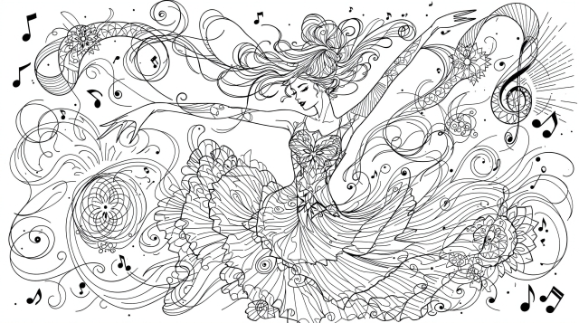 En sofistikeret moderne dansefarvelæggningsside med en ung kvinde i en elegant dynamisk positur med indviklede dekorative elementer.