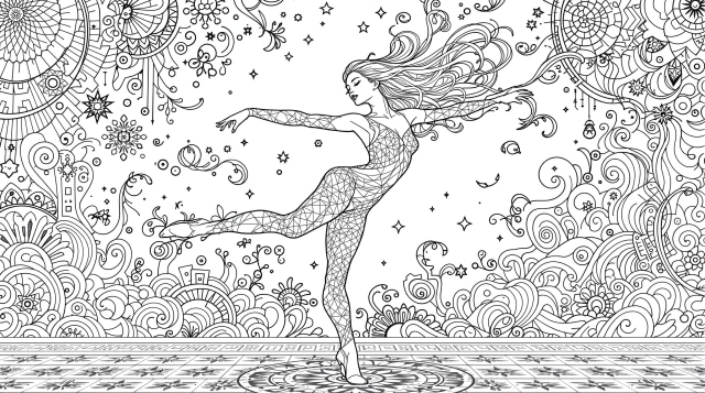 En sofistikeret moderne dans-farvelægningsside med en ung kvinde, der udfører en elegant arabesk omgivet af himmelske mandalaer og dekorative mønstre.