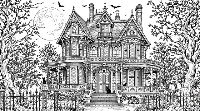 An intricate Victorian haunted mansion coloring page featuring Gothic architecture, flying bats, and elaborate decorative details for advanced adult colorists.