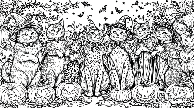 Six elegant cats in ornate witch hats celebrate Halloween with carved pumpkins in this detailed coloring page.