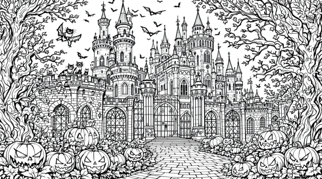 An elaborate haunted castle coloring page features Gothic architecture with ornately carved pumpkins and flying bats for advanced adult colorists.