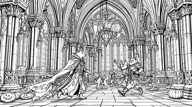 中世の城の室内で踊る人物を描いた精巧な塗り絵 - ゴシック建築と衣装をまとった人々の詳細な大人向けぬりえ