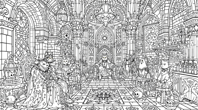 ハロウィン衣装を着た猫たちが集う、不気味な中世の城ホールの塗り絵