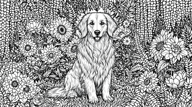 En elegant langhåret hund sidder majestætisk blandt smukke blomster i en indviklet botanisk have farveside.