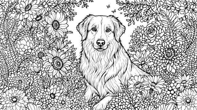 En elegant hundeportræt farvesside har intrikate botaniske detaljer i en sofistikeret havekomposition.