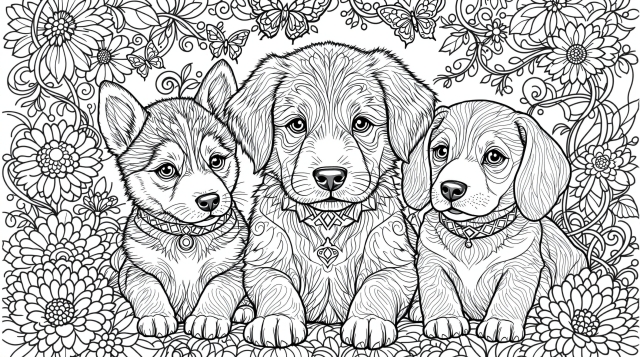 Tre søde hvalpe farvelægningsside har indviklede blomsterbaggrunde og detaljerede raceegenskaber til avanceret voksenfarvelægning.