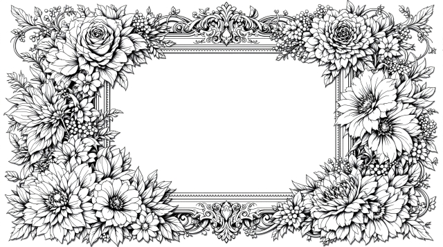 バロック様式の華やかな花のボーダーが特徴的な長方形フレームの大人の塗り絵